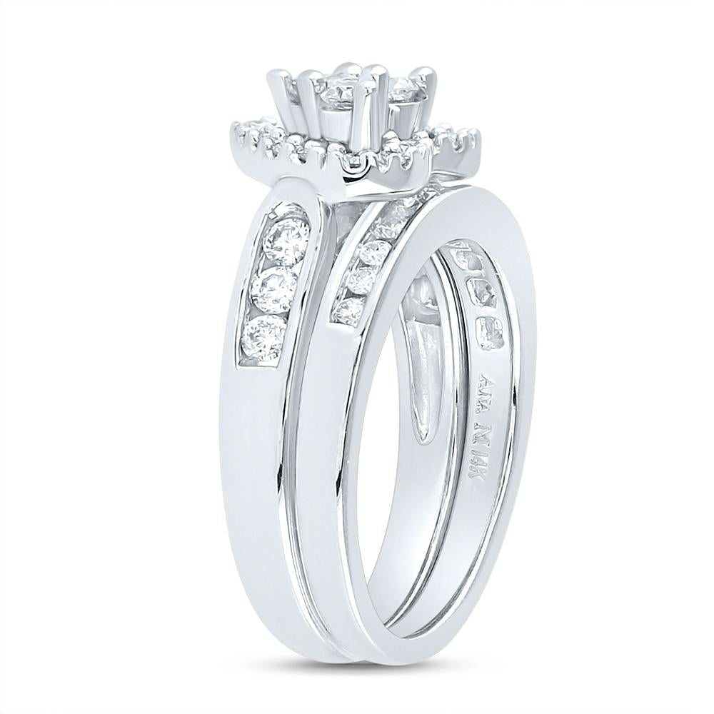 14kt White Gold Princess Diamond Heart Bridal Wedding Ring Band Set 1 Cttw