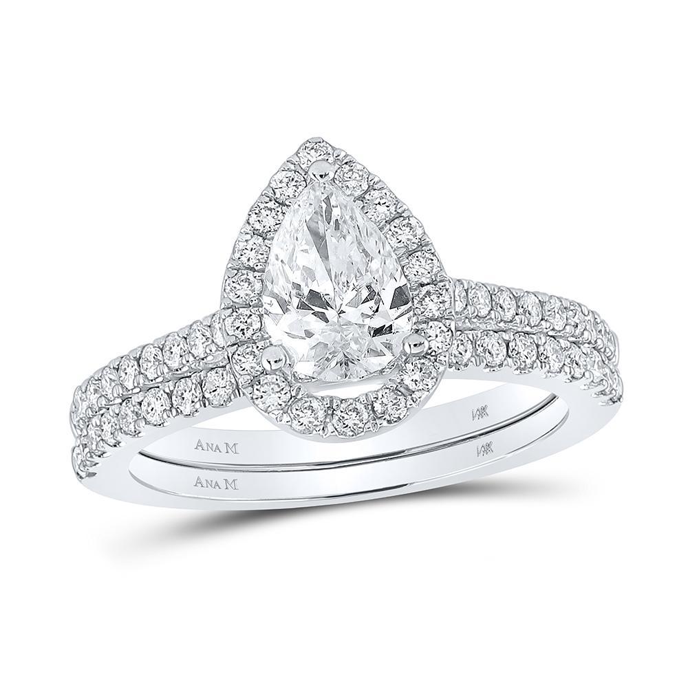 14kt White Gold Pear Diamond Halo Bridal Wedding Ring Band Set 1-1/2 Cttw