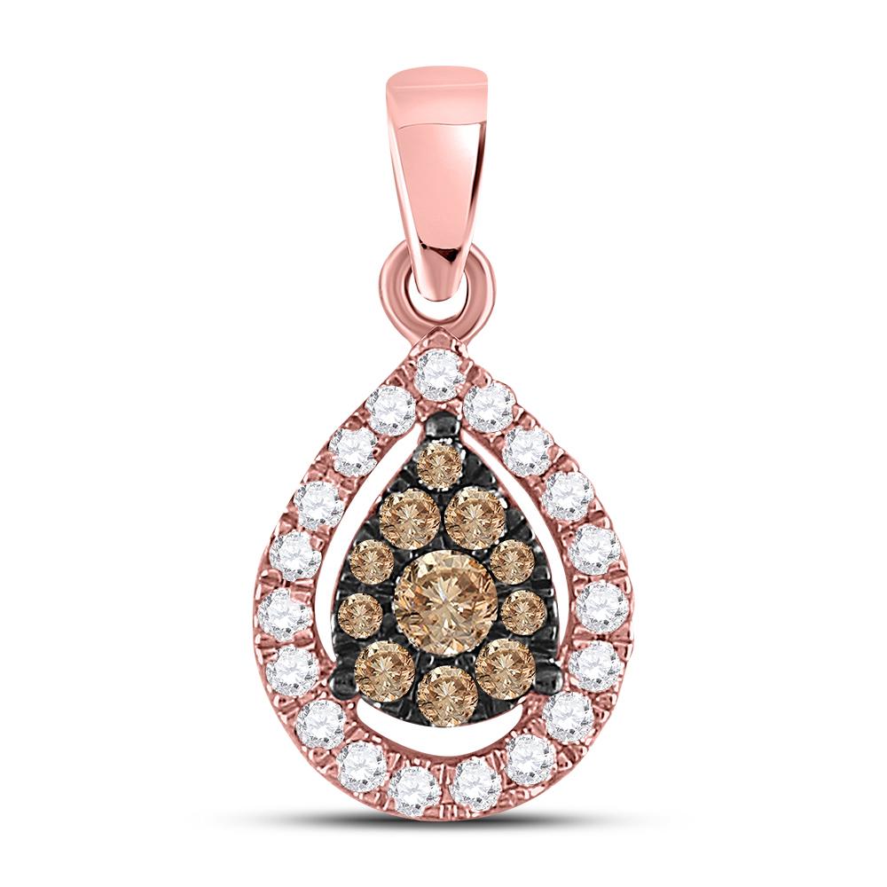 14kt Rose Gold Womens Round Brown Diamond Teardrop Cluster Pendant 1/3 Cttw