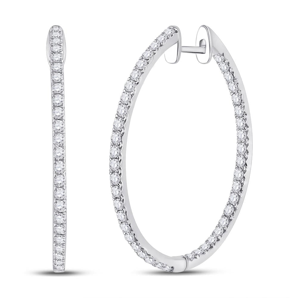 14kt White Gold Womens Round Diamond Slender Single Row Hoop Earrings 1-1/2 Cttw