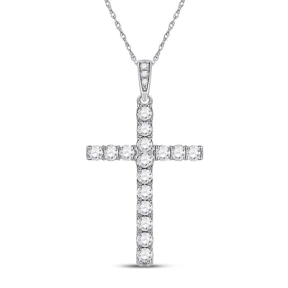 14kt White Gold Womens Round Diamond Cross Pendant 1/2 Cttw